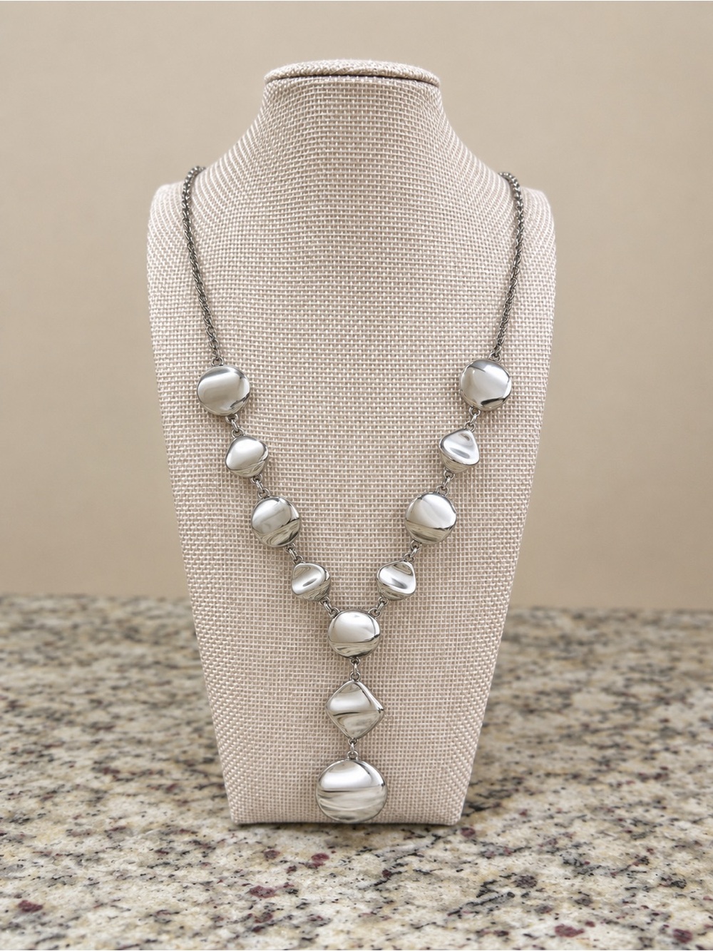 Silver Tone Geometric Disc Statement Necklace Modern Layering Jewelry Adjustable - Picture 2 of 5